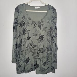 PRAIRIE COTTON Green Floral 3/4 Sleeve Boho Cottagecore Tunic Knit Top Sz Large